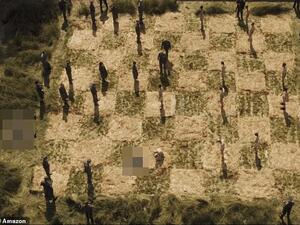 The series depicts a 'human chess game' where Nazi soldiers shoot dead Jews lined up on a large chess board. (Amazon)