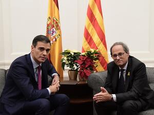 Spanish Prime Minister Pedro Sanchez met with Quim Torra at the Palacio de Pedralbes in Barcelona on Thursday. Photo: AFP