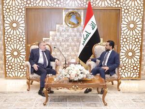 The speaker of Iraqi parliament receives Mohammad Tawfiq Allawi , appointed PM to form new government of Iraq (Twitter)