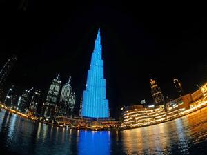 The Burj Khalifa lit up in bright blue at 7.40pm on Saturday for four-and-half-year-old Sam Ray-Elkhodry and all other people with AS. (Twitter)