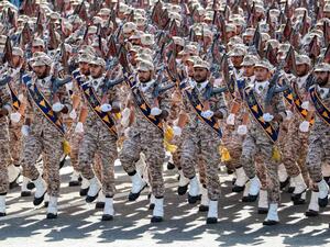 In this file photo taken on September 22, 2018 members of Iran's Revolutionary Guards Corps (IRGC) march during the annual military parade. (AFP)
