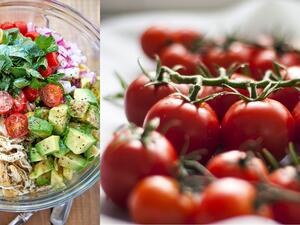 سلطة باستا الدجاج الصحية مع الأفوكادو والطماطم والريحان