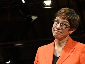 The leader of Germany's conservative Christian Democratic Union (CDU) party Annegret Kramp-Karrenbauer reacts during the political Ash Wednesday meeting of the CDU Baden-Wuerttemberg in Fellbach near Stuttgart, southern Germany, on February 26, 2020. THOMAS KIENZLE / AFP