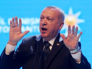 President of Turkey and leader of Justice and Development (AK) Party, Recep Tayyip Erdogan delivers a speech during the AK Party’s provincial advisory council meeting in Haci Bayram Veli University in Ankara, Turkey on March 02, 2020. Adem ALTAN / AFP