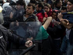 Migrants and refugees scuffle with riot police on the Greek Aegean island of Lesbos, on March 3, 2020, amid a migration surge from neighbouring Turkey after it opened its borders to thousands of refugees trying to reach Europe. Several aid groups on Greece's Lesbos said they were suspending work with refugees and evacuating staff on March 3 in the wake of violence and threats, as tensions soar on an island in the crosshairs of the migrant crisis. EU chiefs pledged millions of euros of financial assistance t