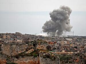 Plumes of smoke rise following Russian air strikes on the village of al-Bara in the southern part of Syria's northwestern Idlib province on March 5, 2020. Omar HAJ KADOUR / AFP