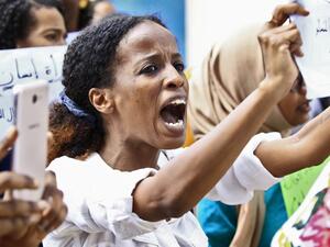 Women chant slogans during a demonstration calling for the repeal of family law in Sudan, on the occasion of International Women's Day, outside the Justice Ministry headquarters in the capital Khartoum on March 8, 2020. Under ousted president Omar al-Bashir's Islamist regime, a notorious "public order" law was used to have women publicly flogged or imprisoned for "indecent" dress or for drinking alcohol, seen as "indecent and immoral acts". Sudan's new government last November revoked the legislation -- but