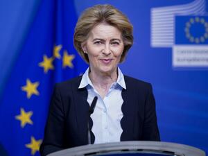 European Commission President Ursula von der Leyen speaks during a press statement at the Berlaymont building in Brussels on March 10, 2020. Kenzo TRIBOUILLARD / AFP