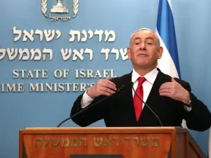 Israeli Prime Minister Benjamin Netanyahu delivers an speech at his Jerusalem office on March 14, 2020, regarding the new measures that will be taken to fight the Corona virus in Israel. Netanyahu said Israel would shut down eateries, shopping centres and gyms in a bid to halt the spread of coronavirus. Netanyahu also said he would ask the government's approval in the upcoming cabinet meeting set to be held via video conference to allow "technologies used in the war against terror" to be used to track the m