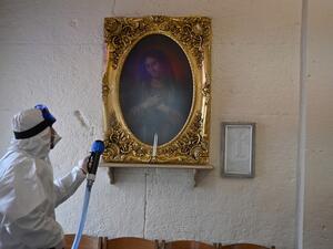 Members of Istanbul's Metropolitan Municipality disinfects the Surp Stephanos Armenian Church in Istanbul to prevent the spread of the COVID-19, the novel coronavirus on March 15, 2020. AFP