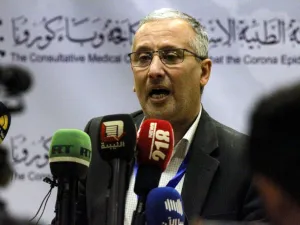 Ahmed al-Hassi, spokesman for the medical committee to combat COVID-19 coronavirus disease in Libya's eastern city of Benghazi, speaks during a press conference on March 20, 2020 announcing updates on figures for suspected cases. Abdullah DOMA / AFP