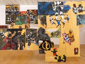 The installation on manila paper is by Maxwell Alexandre (ArabNews)