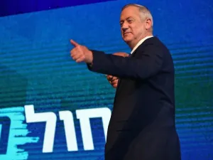 Blue and White leader Benny Gantz at the party's post-election event in Tel Aviv on March 3, 2020. (Gali Tibbon/AFP)