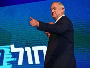 Blue and White leader Benny Gantz at the party's post-election event in Tel Aviv on March 3, 2020. (Gali Tibbon/AFP)