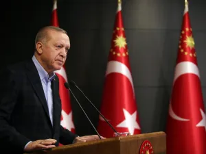 President of Turkey, Recep Tayyip Erdogan speaks during a press conference on the coronavirus (Covid-19) pandemic at Huber Palace in Istanbul, Turkey on March 27, 2020.  HANDOUT / TURKISH PRESIDENTIAL PRESS SERVICE / AFP