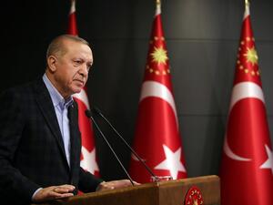 President of Turkey, Recep Tayyip Erdogan speaks during a press conference on the coronavirus (Covid-19) pandemic at Huber Palace in Istanbul, Turkey on March 27, 2020.  HANDOUT / TURKISH PRESIDENTIAL PRESS SERVICE / AFP
