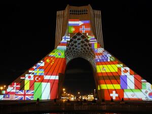 Iran's Azadi (Freedom) Tower is lit up with flags and messages of hope in solidarity with all the countries affected by the COVID-19 coronavirus pandemic, in Tehran on March 31, 2020. AFP