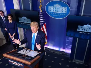 Administrator of the Centers for Medicare and Medicaid Services Seema Verma listens as US President Donald Trump speaks during the daily briefing on the novel coronavirus, COVID-19, in the Brady Briefing Room at the White House on April 7, 2020, in Washington, DC. MANDEL NGAN / AFP