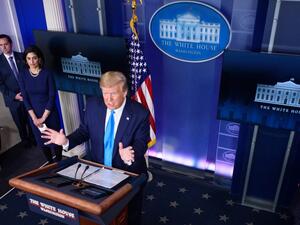 Administrator of the Centers for Medicare and Medicaid Services Seema Verma listens as US President Donald Trump speaks during the daily briefing on the novel coronavirus, COVID-19, in the Brady Briefing Room at the White House on April 7, 2020, in Washington, DC. MANDEL NGAN / AFP