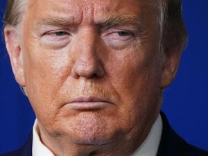 US President Donald Trump looks on during the daily briefing on the novel coronavirus, which causes COVID-19, in the Brady Briefing Room of the White House in Washington, DC on April 21, 2020. MANDEL NGAN / AFP
