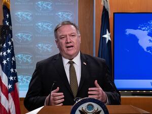 US Secretary of State Mike Pompeo speaks at a press briefing at the State Department in Washington, DC, on April 22, 2020. A controversial decision on whether to annex much of the West Bank is the prerogative of Israel's new unity government, US Secretary of State Mike Pompeo said April 22, 2020. "As for the annexation of the West Bank, the Israelis will ultimately make those decisions," Pompeo told reporters. "That's an Israeli decision."  NICHOLAS KAMM / POOL / AFP