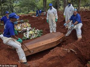 Employees bury a person who died from COVID-19 at the Vila Formosa cemetery, in the outskirts of Sao Paulo, Brazil. (AFP)
