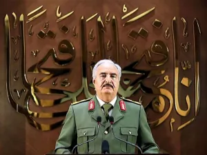 Field-Marshal Khalifa Haftar gives a televised speech, April 27. (AFP)