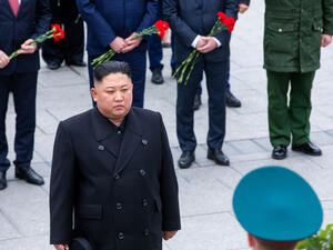 North Korean leader Kim Jong-un during the ceremony of laying flowers and wreaths at the memorial of eternal fire in Vladivostok (Shutterstock/ File Photo)
