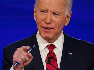In this file photo Democratic presidential hopeful former US vice president Joe Biden takes part in the 11th Democratic Party 2020 presidential debate in a CNN Washington Bureau studio in Washington, DC on March 15, 2020. Joe Biden won the endorsement for US president April 27, 2020 of Nancy Pelosi, who hailed him as a "voice of reason" capable of leading America out of the coronavirus crisis.Pelosi was the last leading Democrat to endorse formally Biden's run for the White House against Republican Donald T