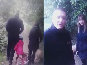 Video shows the little girl riding her bike down Blackwell Trail in Derbyshire before colliding into a dogwalking couple and causing a row between them and her father. (Video Screenshots)