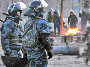Police patrol Zhanaozen, scene of violent clashes. (AFP/Getty Images)