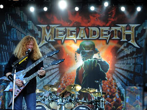 Live concert of "The Big 4" at the "Arena Concerti Fiera Milano" : The singer and guitarist of the Megadeth band,Dave Mustaine, during the concert. (Shutterstock/ File Photo)