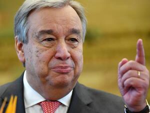 In this file photo UN Secretary-General-designate Antonio Guterres speaks during a joint press briefing with China's Foreign Minister Wang Yi in Beijing on November 28, 2016. UN Secretary-General Antonio Guterres on May 27, 2020 bemoaned the failure to heed his call for a ceasefire in conflicts around the world to aid the fight against COVID-19. "A global ceasefire would create conditions for a stronger response to the pandemic and the delivery of humanitarian aid to the most vulnerable people," he said.  G