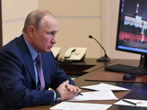 Russian President Vladimir Putin chairs a meeting on dealing with consequences of a fuel spill in the Krasnoyarsk Region, via teleconference call at Novo-Ogaryovo state residence, outside Moscow, on June 3, 2020. (AFP)