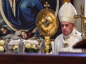 Pope Francis leaves at the end of a Holy Mass on the Solemnity of the Most Holy Body and Blood of Christ, on June 14, 2020 at St. Peter's Basilica in The Vatican, as the city-state eases its lockdown aimed at curbing the spread of the COVID-19 infection, caused by the novel coronavirus. Tiziana FABI / AFP