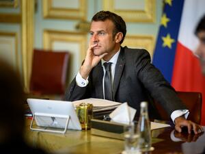 French President Emmanuel Macron attends an European Council meeting by videoconference on economic rescue plan from the Elysee Palace, in Paris, on June 19, 2020 as the EU eases lockdown measures taken to curb the spread of the COVID-19 caused by the novel coronavirus. Eliot BLONDET / POOL / AFP