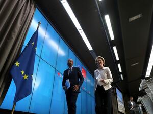 European Council President Charles Michel (R) and European Commission President Ursula von der Leyen leave after attending a news conference following a virtual summit with Chinese President in Brussels, on June 22, 2020. YVES HERMAN / POOL / AFP