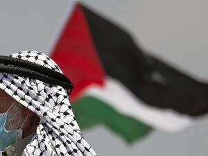 A Palestinian demonstrator waves a national flag during a protest against the expansion of existing Jewish settlements, in the town of Biddya, in the Israeli-occupied West Bank on July 6, 2020. JAAFAR ASHTIYEH / AFP