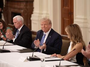 (L-R) Karen Pence, US Vice President Mike Pence, President Donald Trump and First Lady Melania Trump attend a roundtable discussion on the Safe Reopening of America’s Schools during the coronavirus pandemic, in the East Room of the White House on July 7, 2020, in Washington, DC. JIM WATSON / AFP