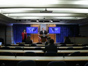 US Secretary of State Mike Pompeo speaks during a news conference at the State Department in Washington,DC on July 8, 2020. TOM BRENNER / POOL / AFP