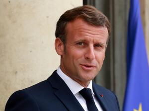 French president Emmanuel Macron is seen after welcoming Spanish Prime minister ahead of a meeting, on July 15, 2020 at the Elysee palace in Paris. Ludovic Marin / AFP