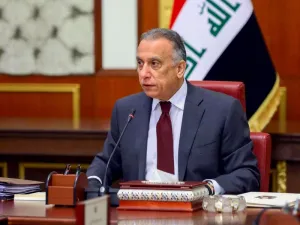 Iraqi Prime Minister Mustafa al-Kadhimi chairs the ministerial meeting of the new Iraqi cabinet in Baghdad, May 9. (AFP)