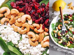 سلطة السبانخ بالتوت البري مع الكاجو وجبن الماعز