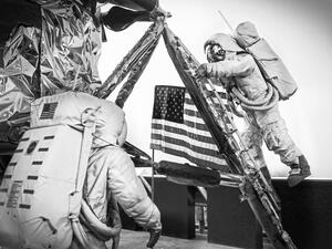 A scene of the famous Apollo program, two mannequins astronauts exiting their Lunar lander and walking on the Moon, at the Smithsonian National Air and Space Museum  (Shutterstock)	
