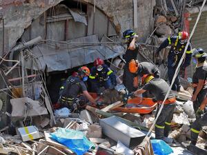 Members of the Lebanese civil defence use a dog to search for victims and survivors under the rubble of a building in the Gemayzeh neighbourhood on August 6, 2020, two days after a massive explosion in the Beirut port shook the capital. The blast caused massive destruction and killed at least 113 people, heaping misery on a country in crisis. AFP