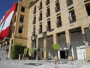 A view shows the damaged exterior of the Le Gray hotel, after clashes the night before following a demonstration against a political leadership they blame for a monster explosion, in downtown Beirut on August 9, 2020. ANWAR AMRO / AFP