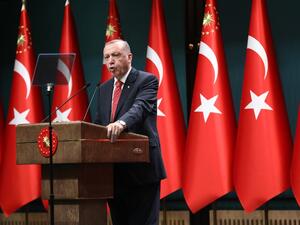 Turkish President Recep Tayyip Erdogan speaks to members of the press after a cabinet meeting at the Presidential Complex in Ankara on August 10, 2020. Adem ALTAN / AFP