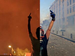 This combination of pictures created on August 11, 2020 shows (L) an Iraqi protester gesturing the middle finger at riot police during an anti-government demonstration in the Shiite shrine city of Karbala, south of Iraq's capital Baghdad on October 27, 2019; and a Lebanese protester gesturing the middle finger at security forces amid clashes in downtown Beirut on August 8, 2020. Since October, Iraqi and Lebanese protesters have been sharing the hope of sweeping out a system they say is broken and often unab