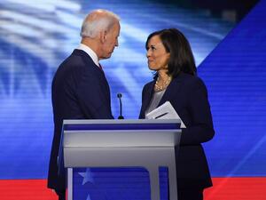 Former Vice President Joe Biden and Senator Kamala Harris speak on September 12, 2019, in Houston, Texas, after the third Democratic primary debate of the 2020 presidential campaign season hosted by ABC News. (Robyn Beck / AFP)