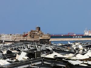 Norwegian Kronviken crude oil tanker is seen docked at the destroyed port of Beirut following a huge explosion that disfigured the Lebanese capital, on August 12, 2020. JOSEPH EID / AFP